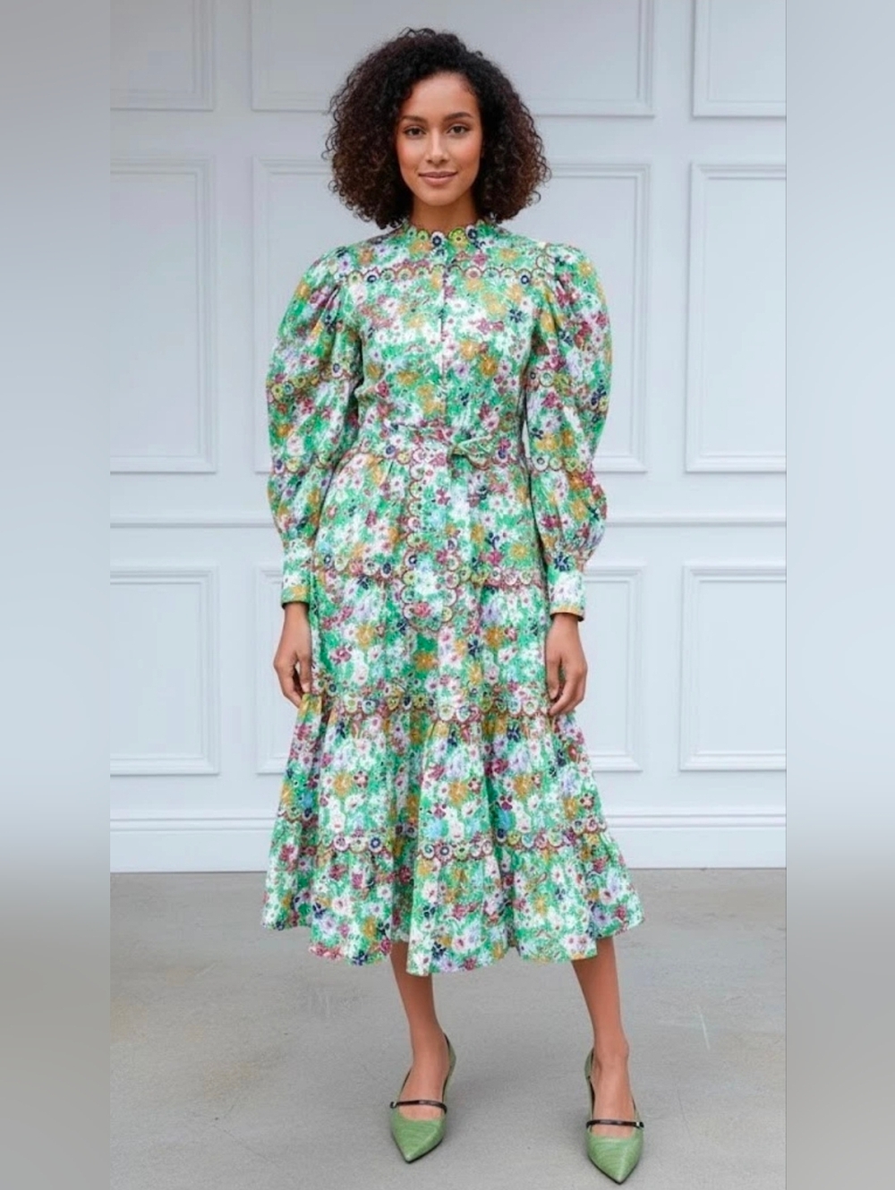 NWT CeliaB Oliver Midi in Watercolor Floral Stretch Cotton Tiered Shirt Dress XS